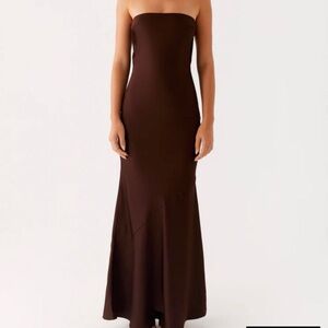 Peppermayo Brown Satin Maxi Dress Strapless